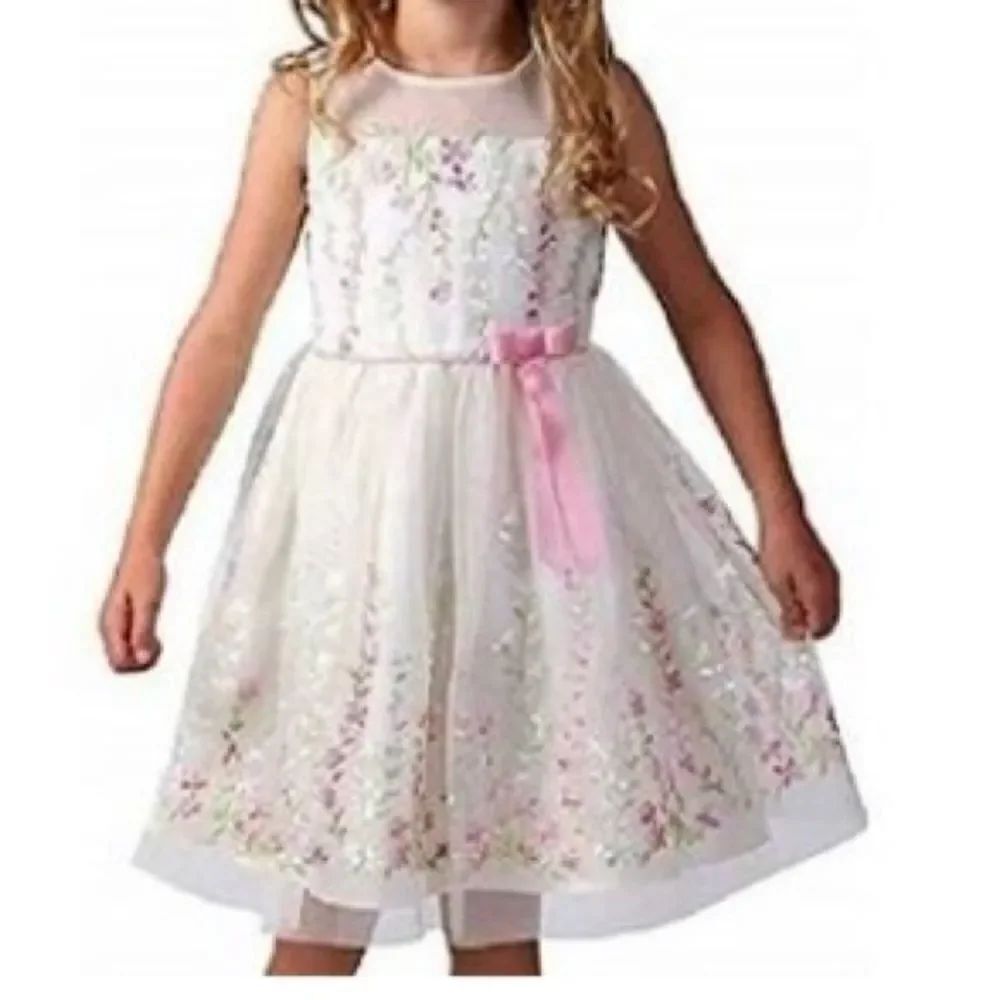 Jona Michelle Cream White With Pink Green Flowers Embroidered Dress 10